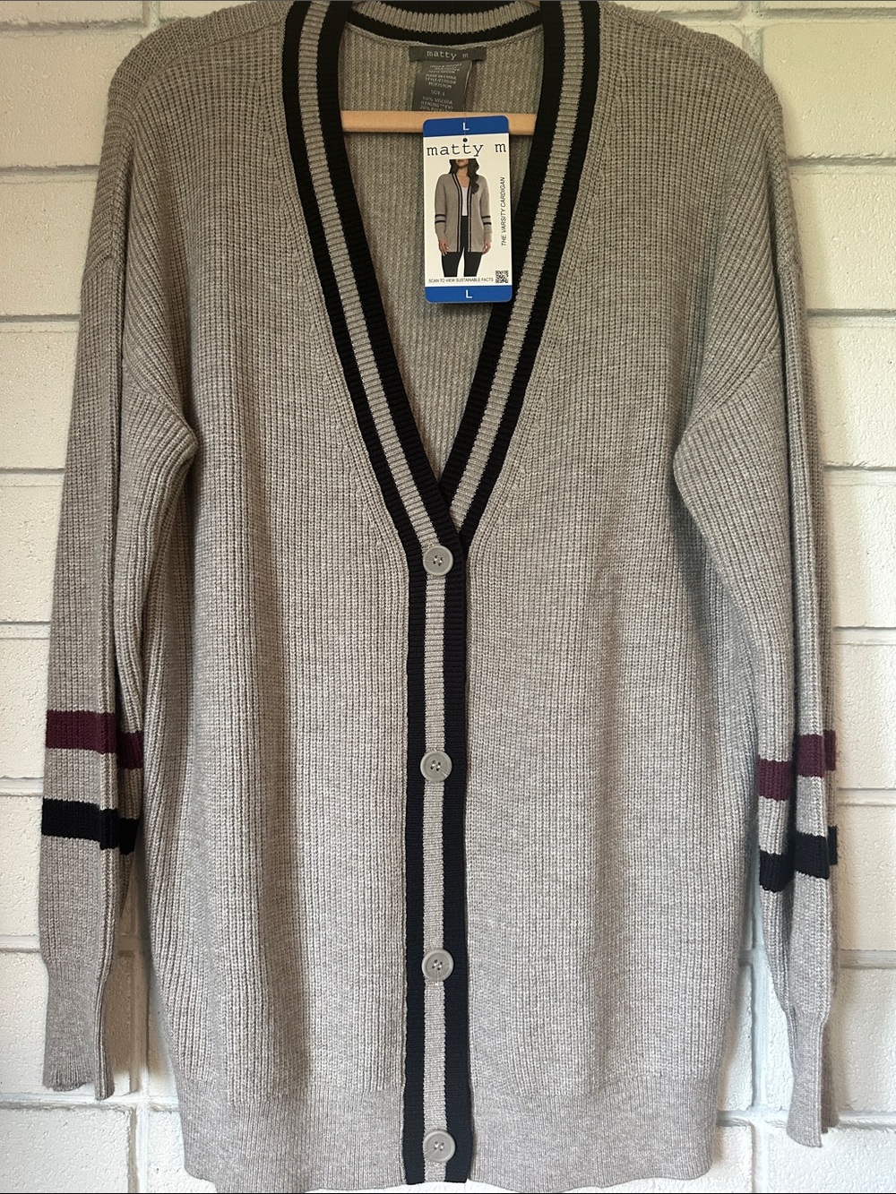 Matty M Gray Long V-Neck Cardigan with Black and Maroon Stripes